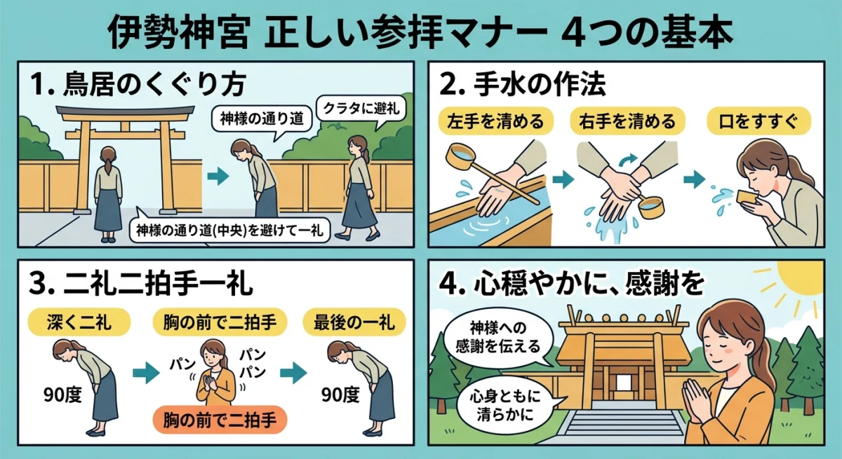 伊勢神宮での基本的な参拝マナーと作法の手順図