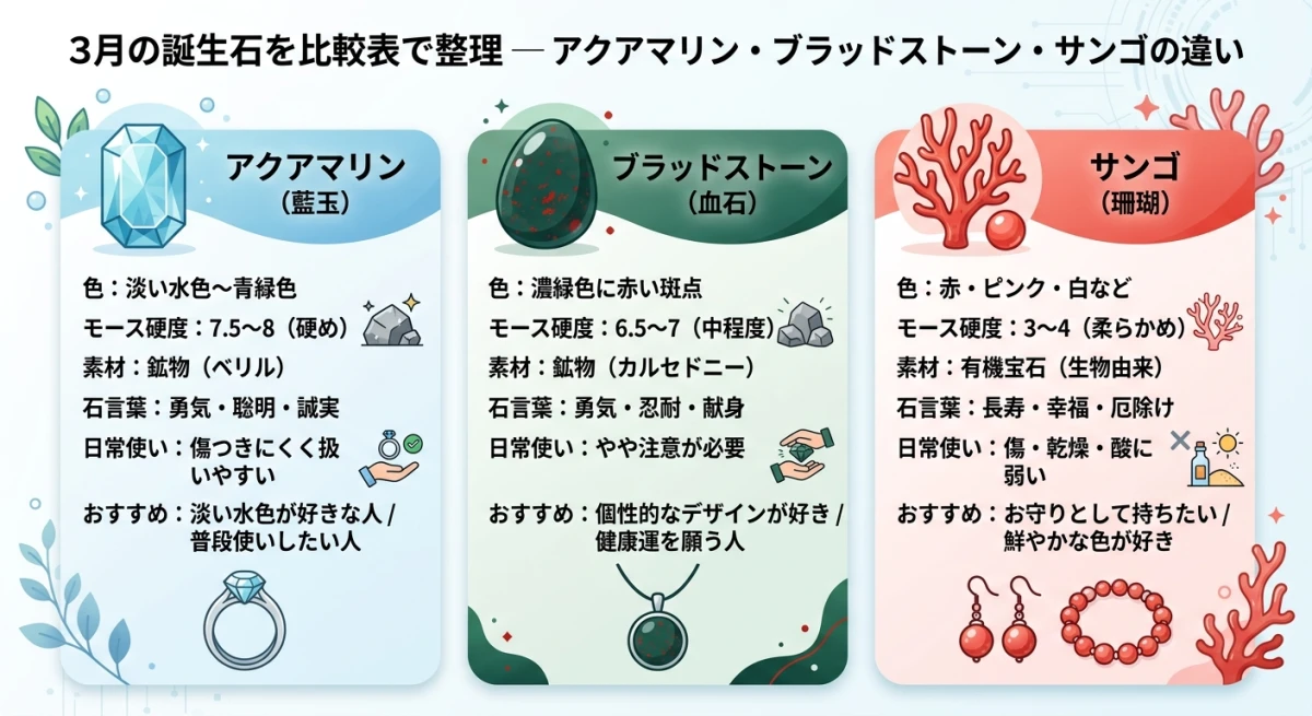 3月の誕生石3種類の性質と特徴