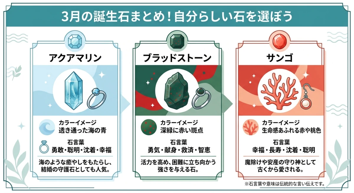 3月の誕生石3種の特徴とカラーをまとめた一覧図